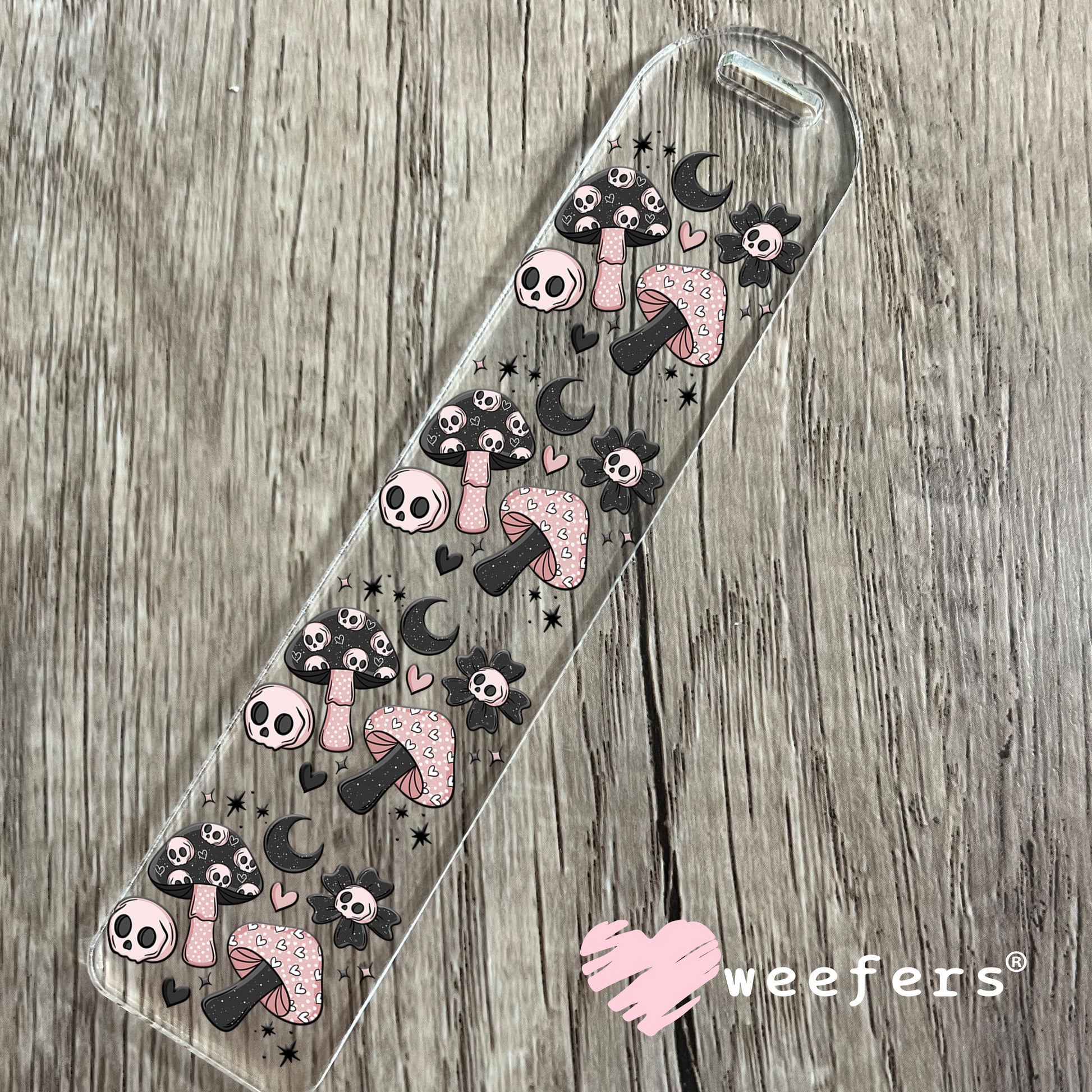 Pink and Black Mushrooms and Skulls UV DTF Bookmark Decal