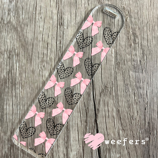 Black Dotted Hearts Pink Coquette Bows UV DTF Bookmark Decal