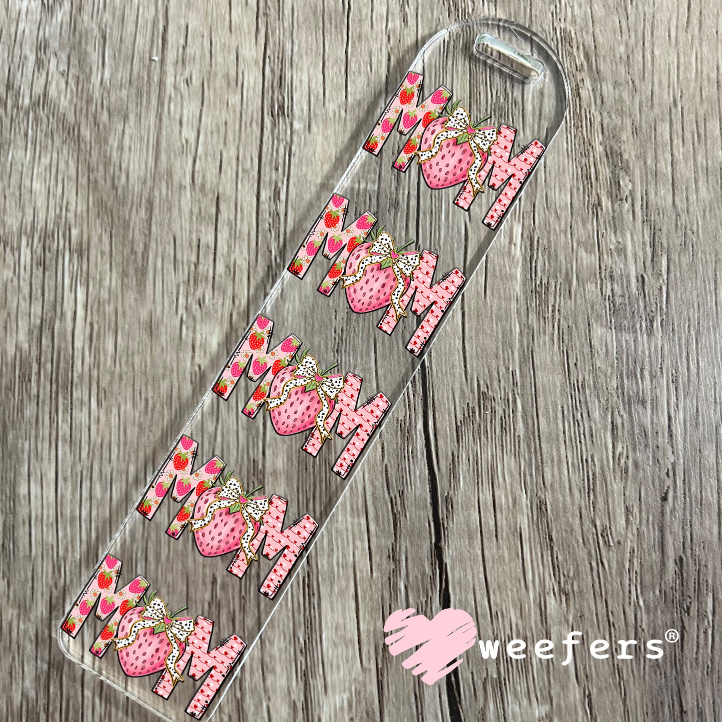 Mom Strawberry Dotted Bow UV DTF Bookmark Decal