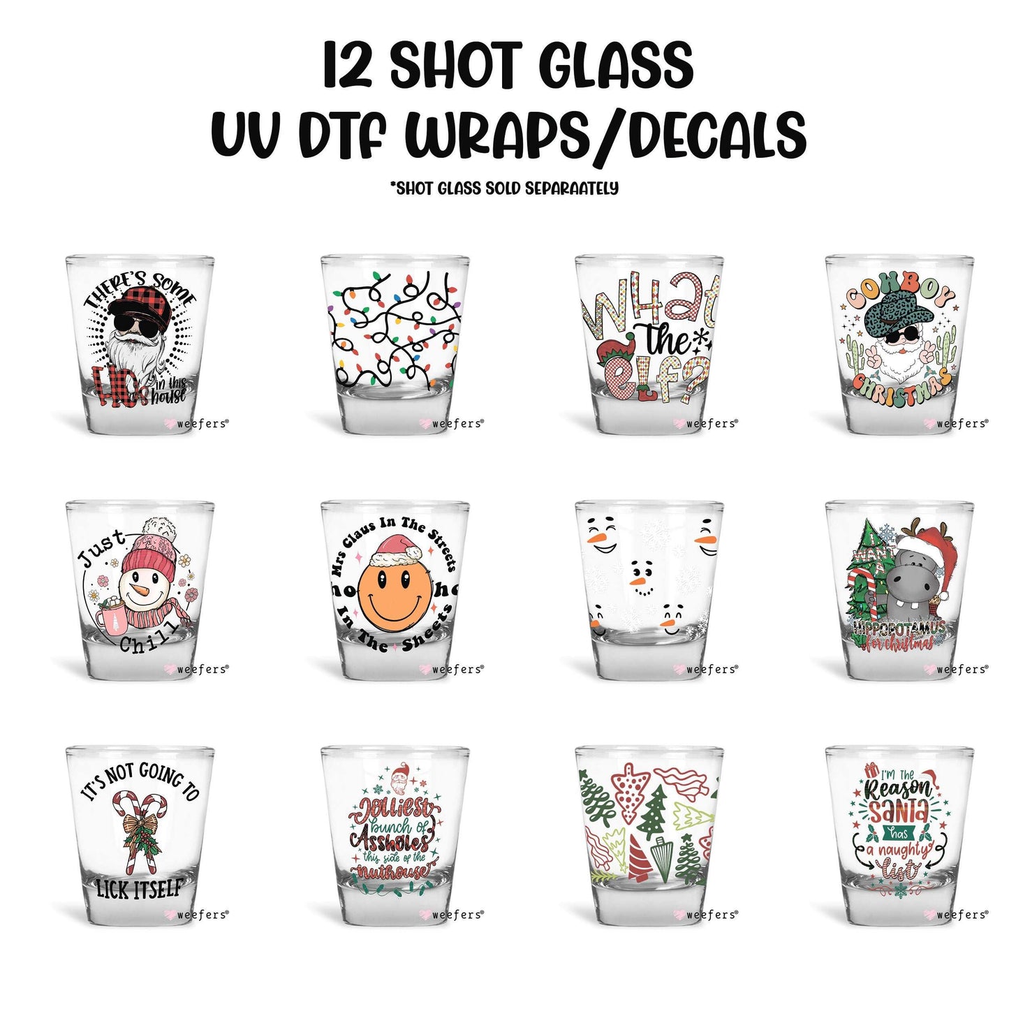 12 Christmas Shot Glass UV DTF Wraps - Decals Bundle - Vol. 4 - Weefers