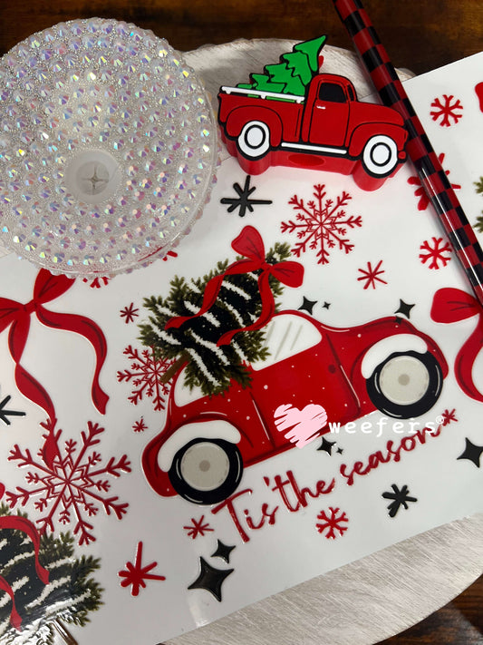Tis the Season Red Truck - 16oz Generic Glass Can Cups UV DTF Kit Weefers