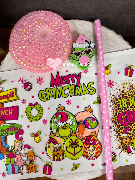 Pink Merry Greenmas Guy- 16oz Generic Glass Can Cups UV DTF Kit Weefers