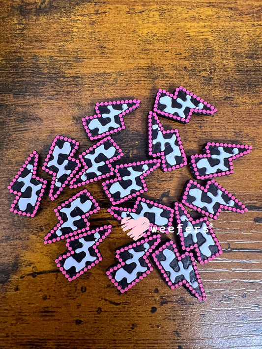 Hot Pink Cow Print Jewel Lightening Bolt Flat Back Lid Charms (5-Pack)| Junk Journals Weefers