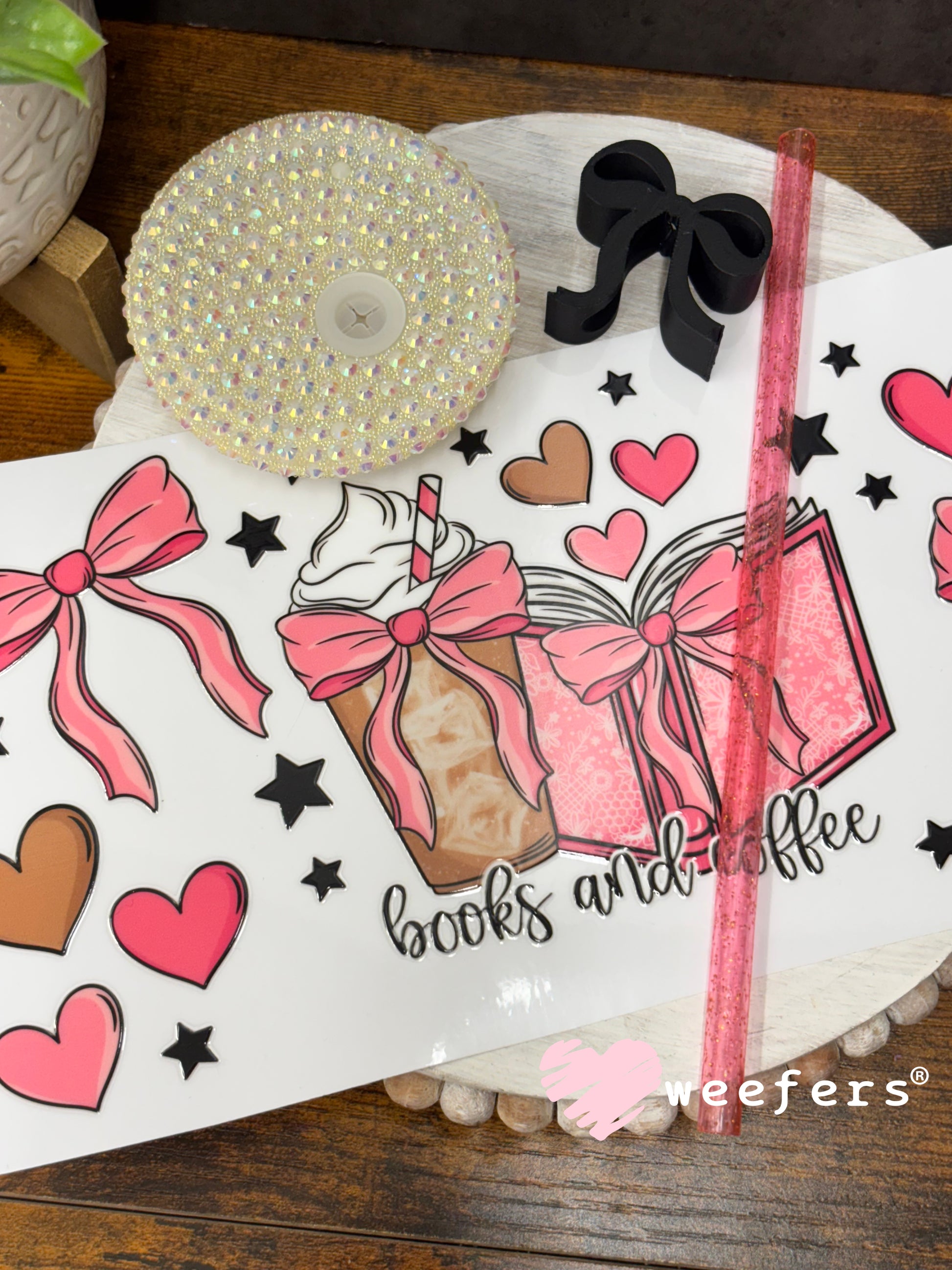 UV DTF Cup Wrap – Books and Coffee Pink and Brown Weefers