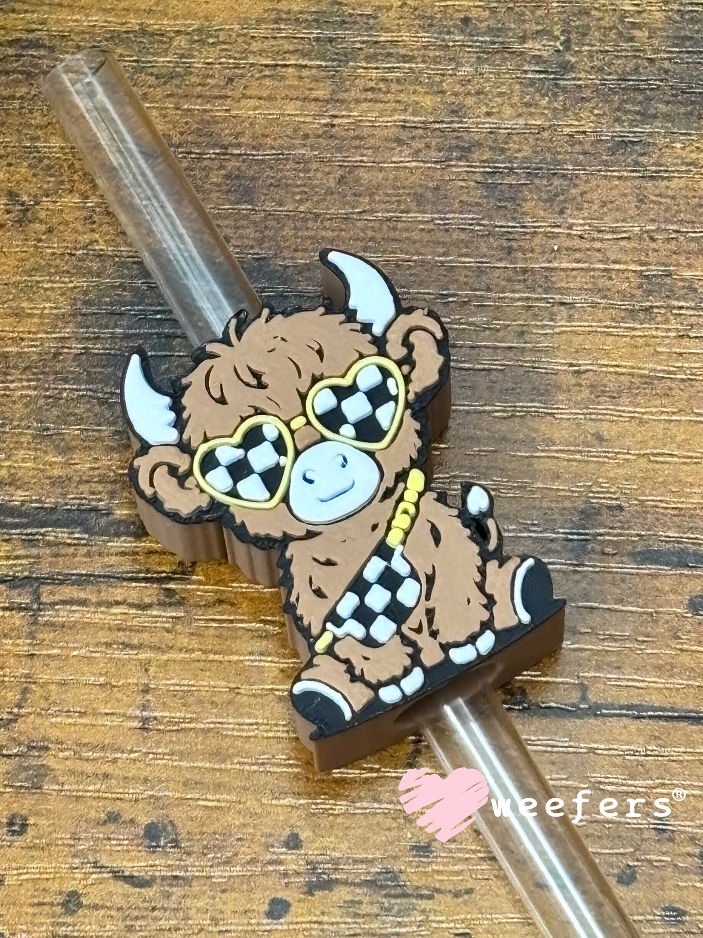 Straw Topper Buddy - Checkered Highland Cow Black and Yellow (fits both 8mm and 10mm Straws) Weefers
