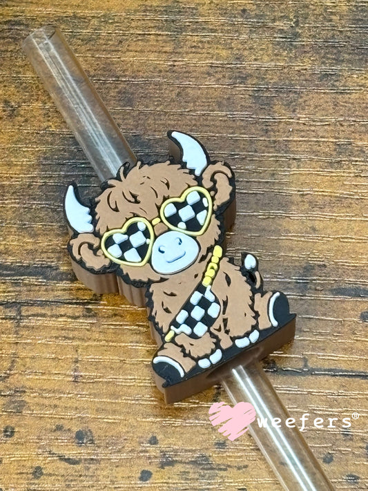 Straw Topper Buddy - Checkered Highland Cow Black and Yellow (fits both 8mm and 10mm Straws) Weefers