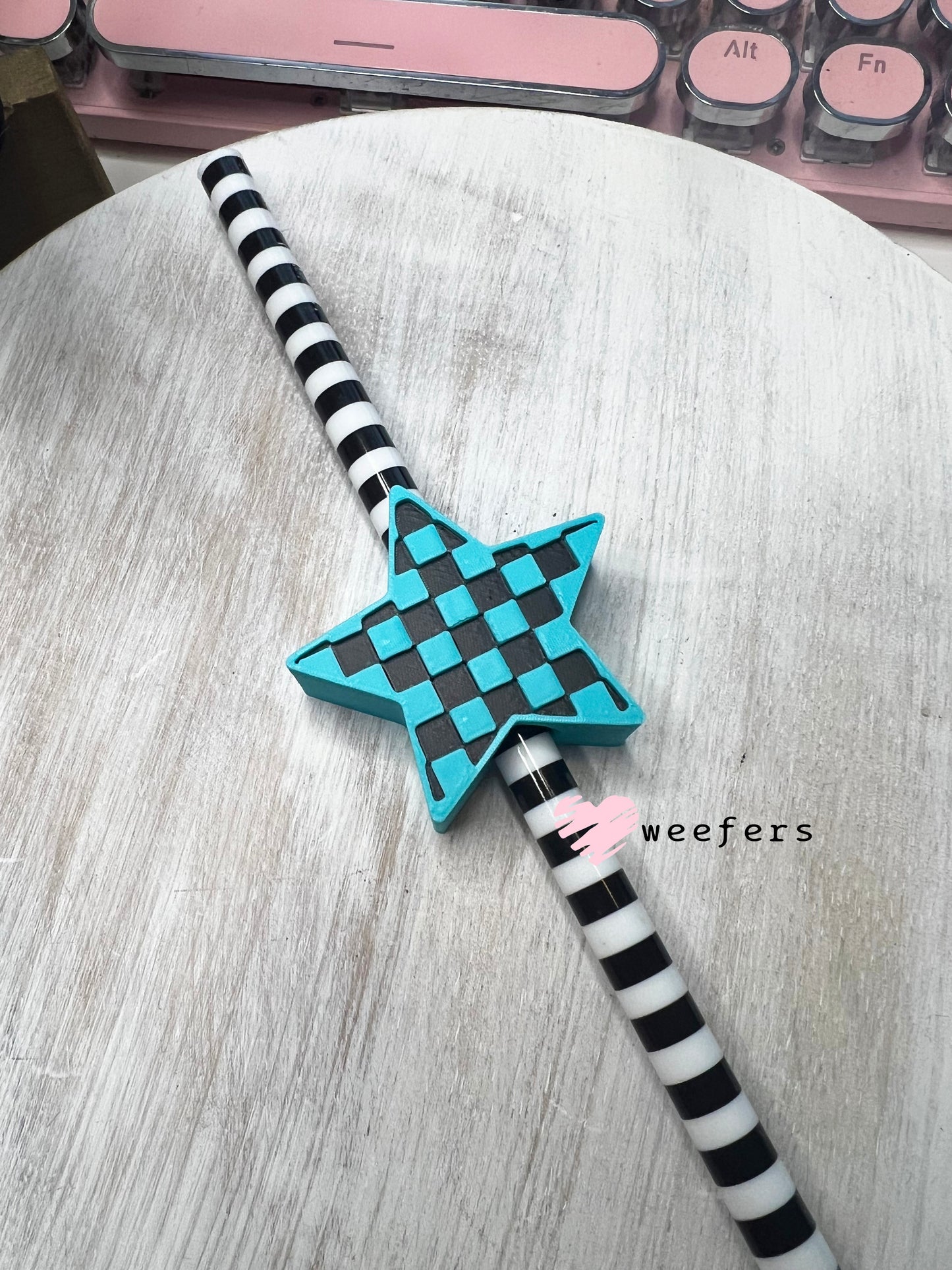 Checkered Star Straw Topper Buddy Teal and Black - Large Weefers