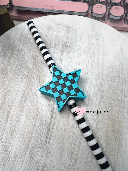 Checkered Star Straw Topper Buddy Teal and Black - Large Weefers