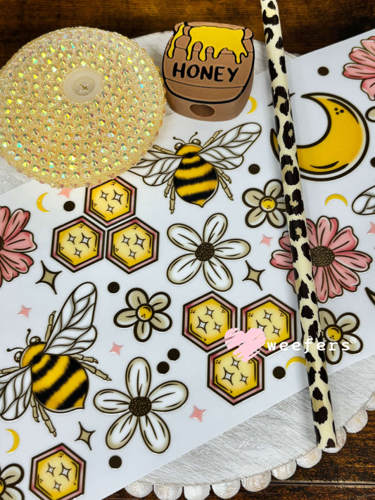 Honeycomb Bees and Pink Flowers - 16oz Generic Glass Can Cups UV DTF Kit