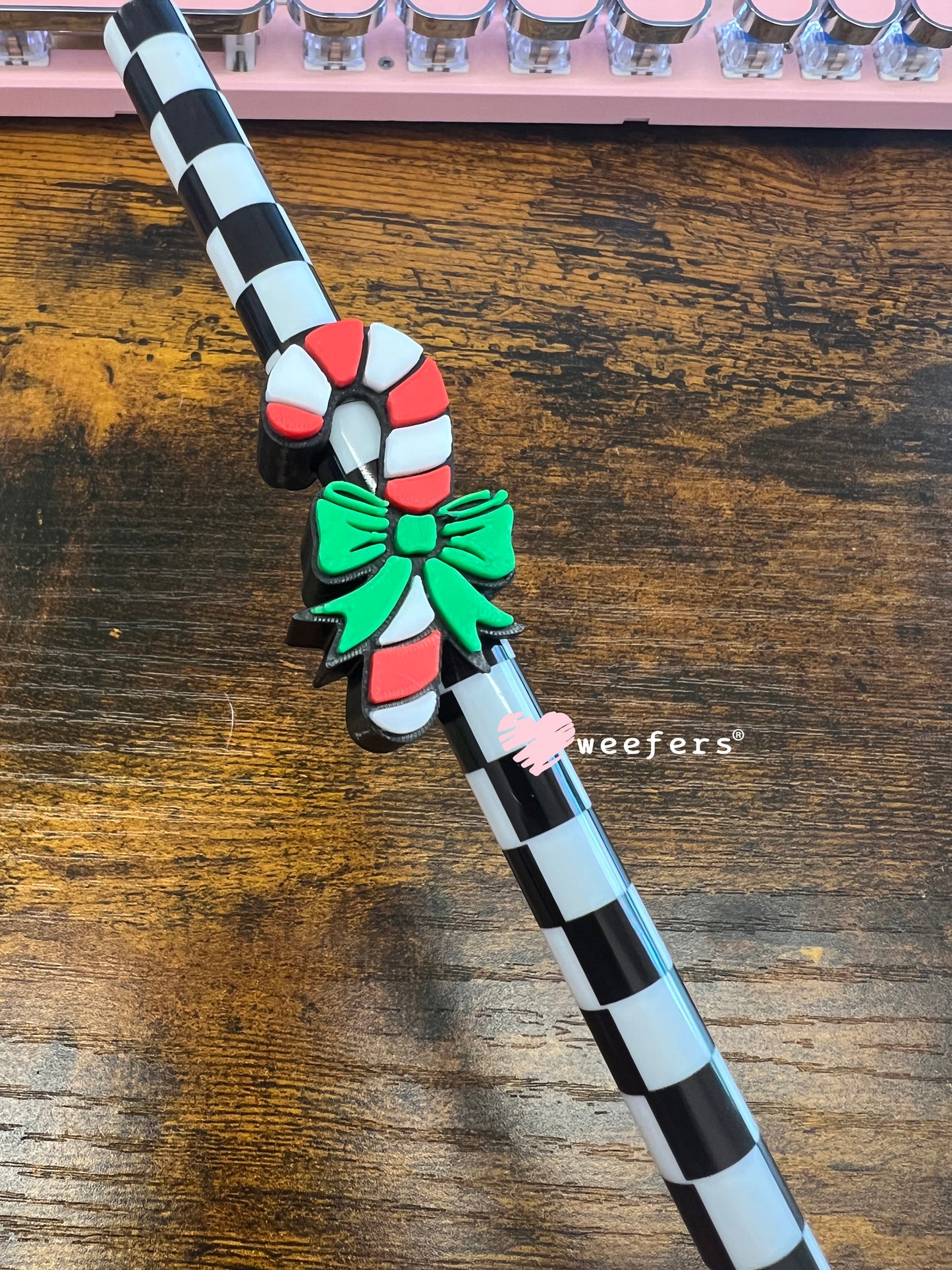 Candy Cane Bow Straw Topper Buddy Candy Cane Red White Green Bow - Large Weefers
