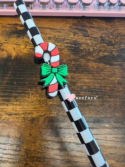 Candy Cane Bow Straw Topper Buddy Candy Cane Red White Green Bow - Large Weefers