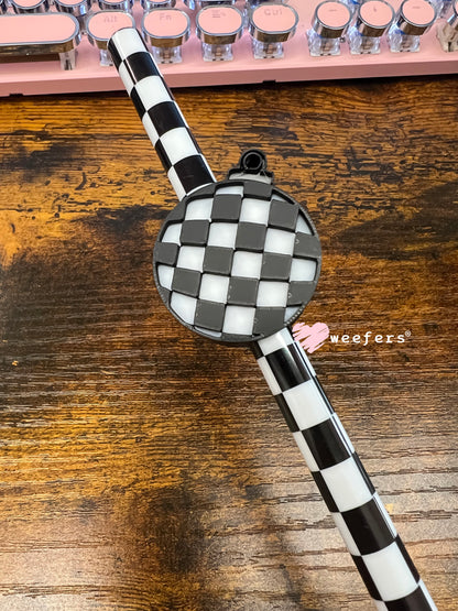 Checkered Christmas Ornament Straw Topper Buddy Black and White - Large Weefers