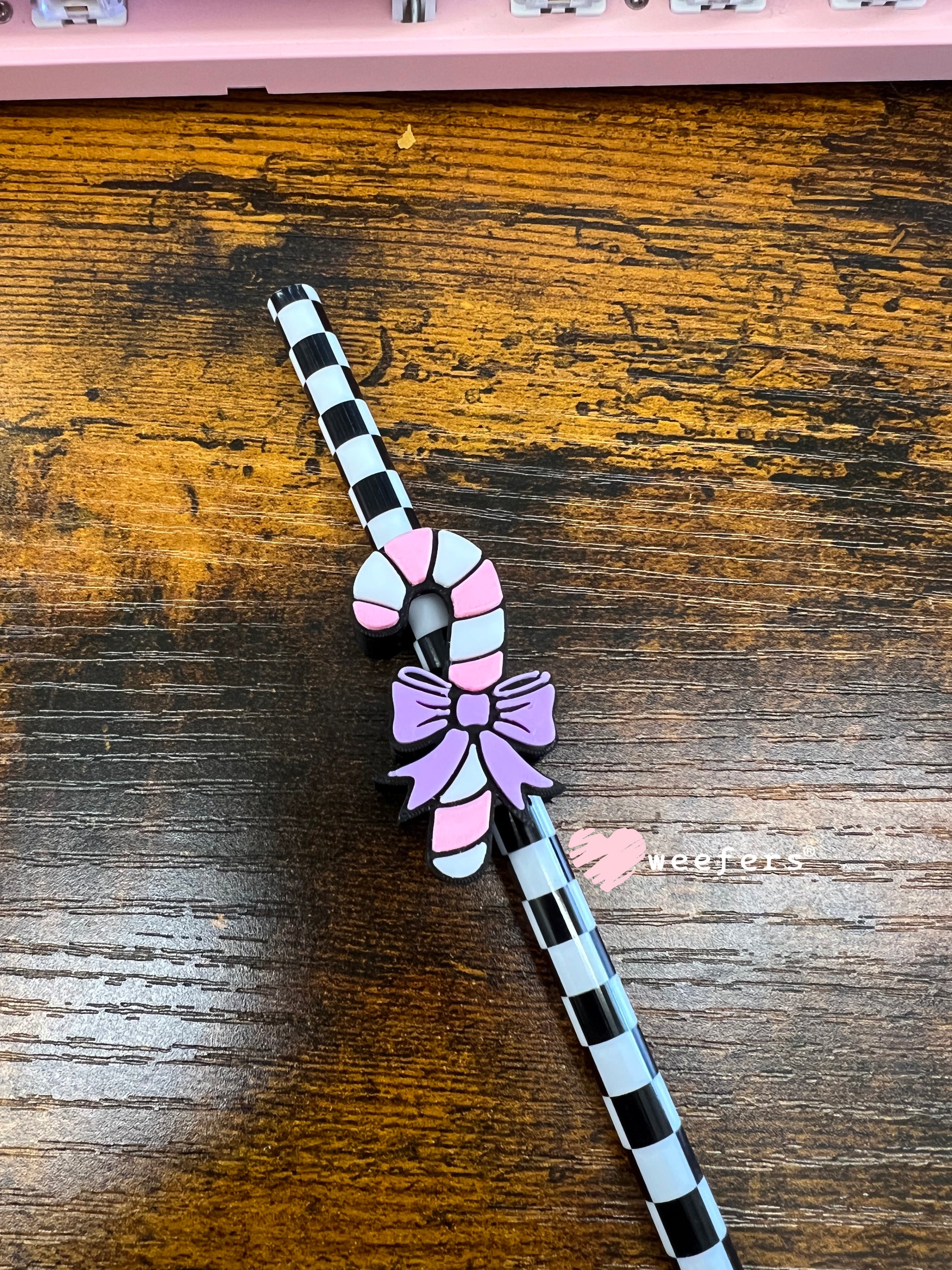 Candy Cane Bow Straw Topper Buddy Candy Cane Pink White Purple Bow - Large Weefers