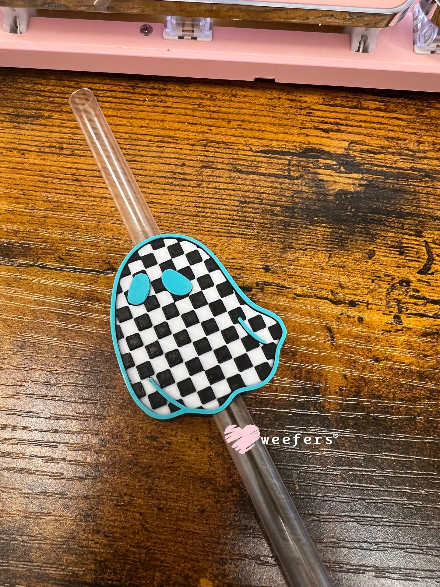 Checkered Ghostie Straw Topper Buddy Teal Checkered Black White - Large Weefers