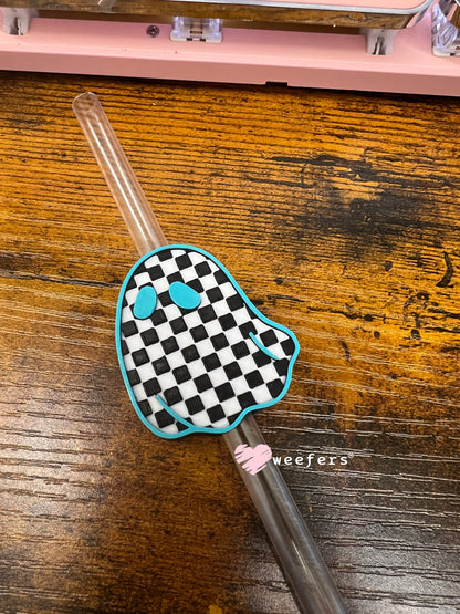 Checkered Ghostie Straw Topper Buddy Teal Checkered Black White - Large Weefers