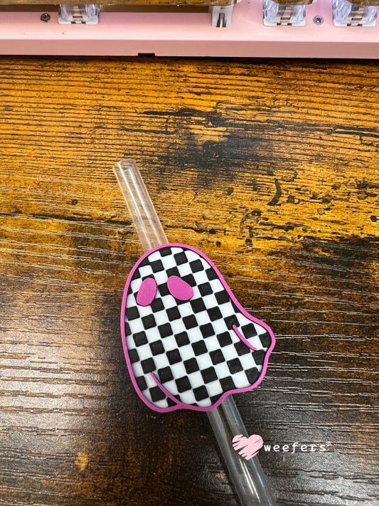 Checkered Ghostie Straw Topper Buddy Pink Checkered Black White - Large Weefers