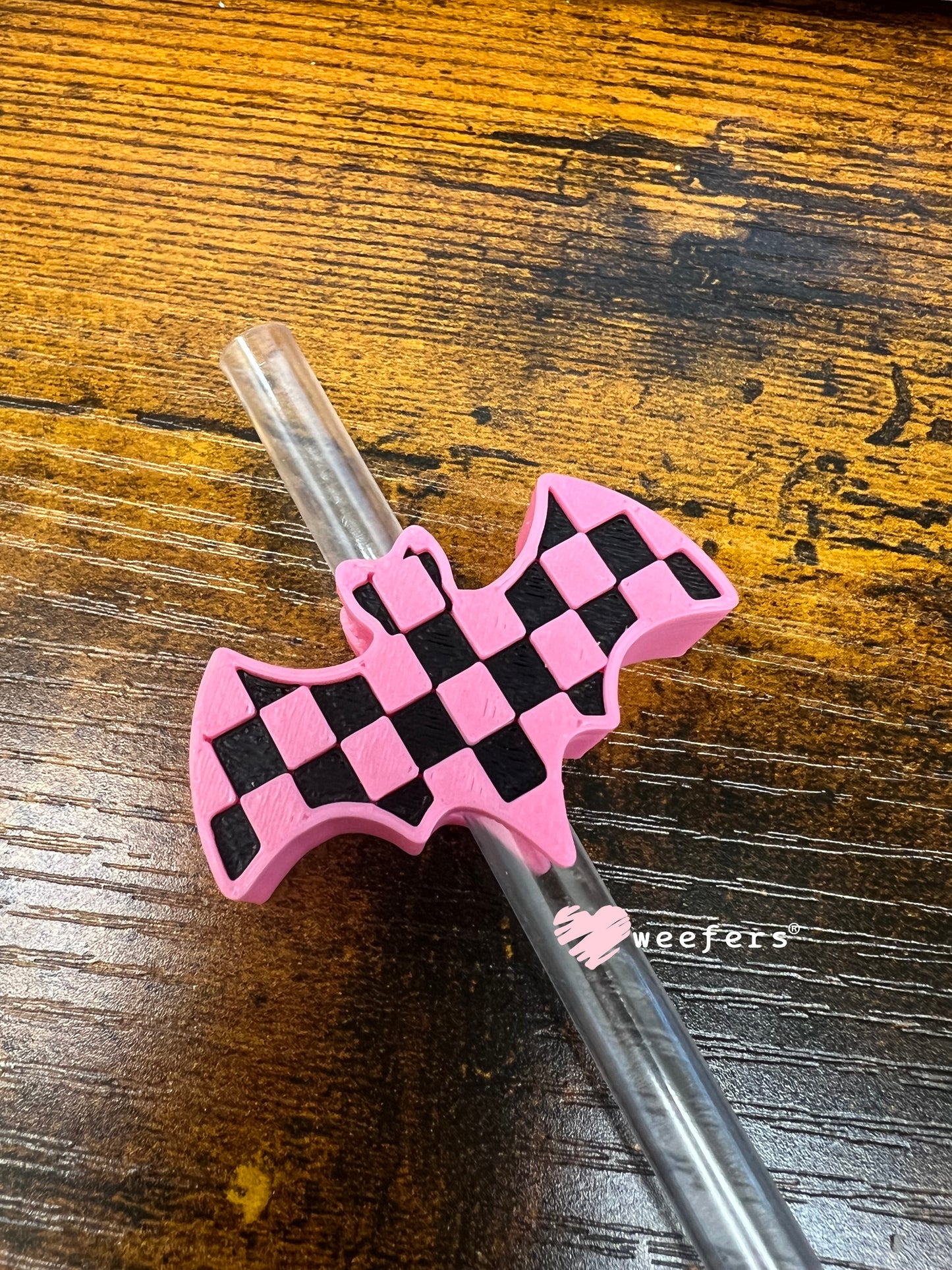 Checkered Bat Straw Topper Buddy Pink and Black Checkered - Large Weefers