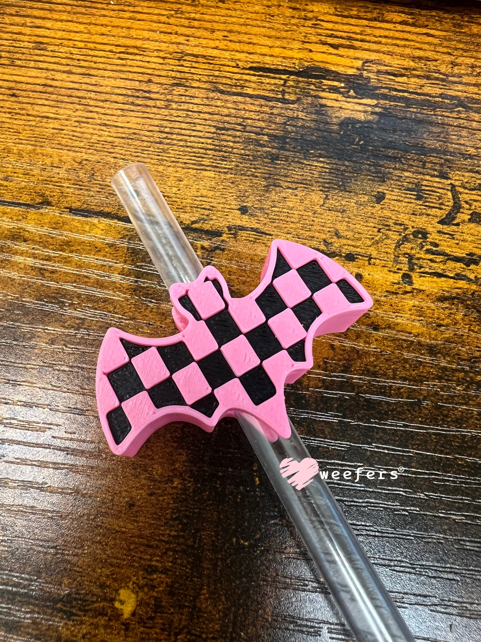 Checkered Bat Straw Topper Buddy Pink and Black Checkered - Large Weefers