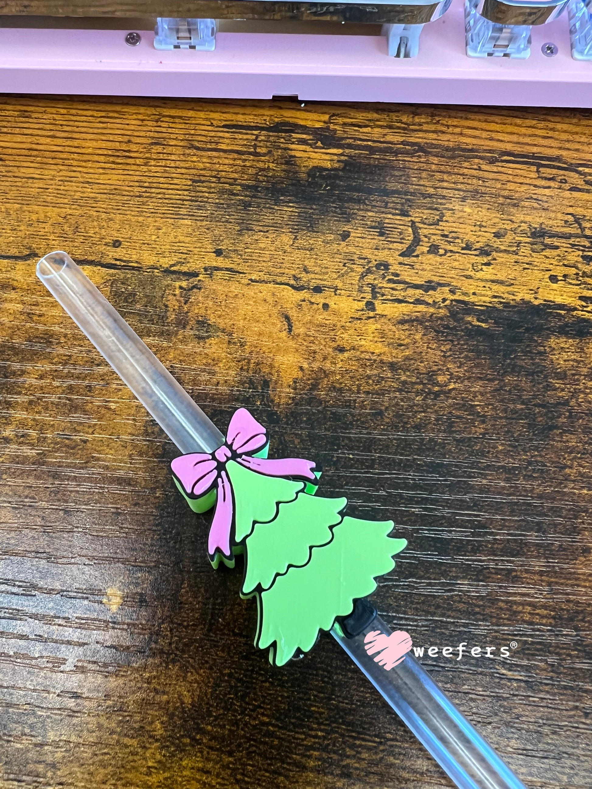 Christmas Tree Pink Bow Straw Topper Buddy Weefers