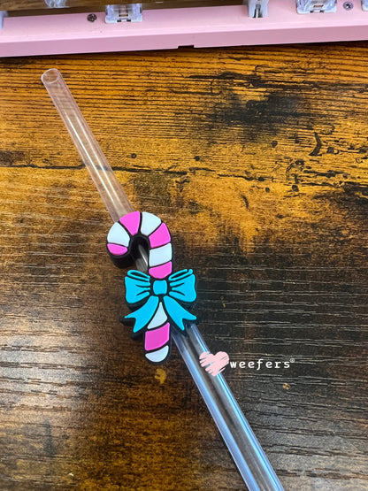 Candy Cane Bow Straw Topper Buddy Candy Cane Magenta White Teal Bow - Large Weefers
