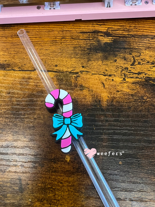 Candy Cane Bow Straw Topper Buddy Candy Cane Magenta White Teal Bow - Large Weefers