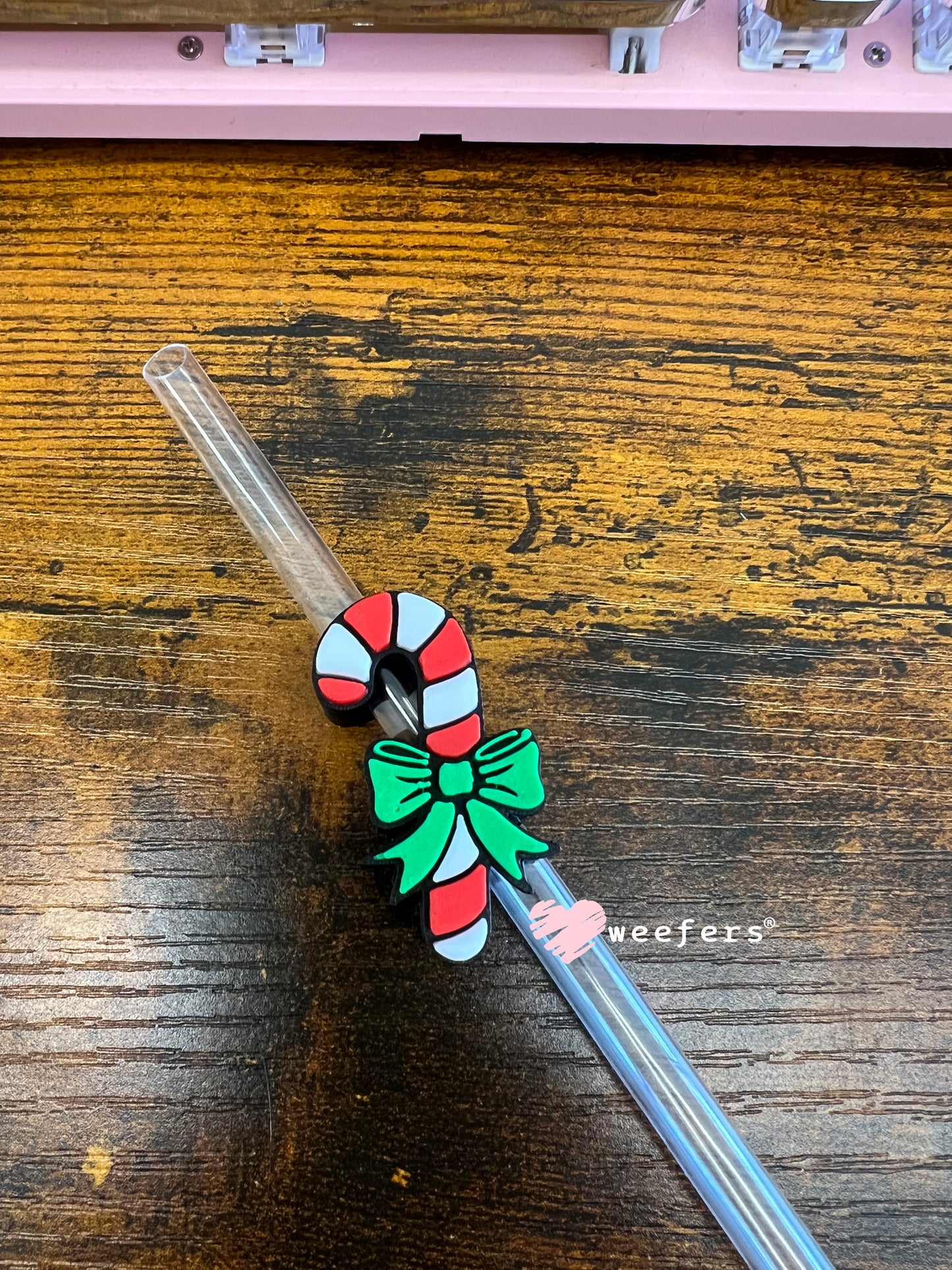 Red and Green Candy Cane Bow Straw Topper Buddy Weefers