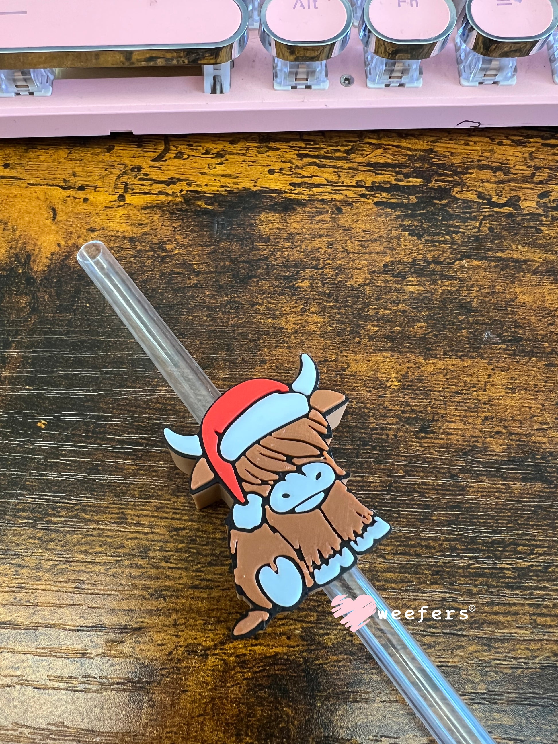 Red Hat Christmas Highlander Cow Straw Topper Buddy Weefers
