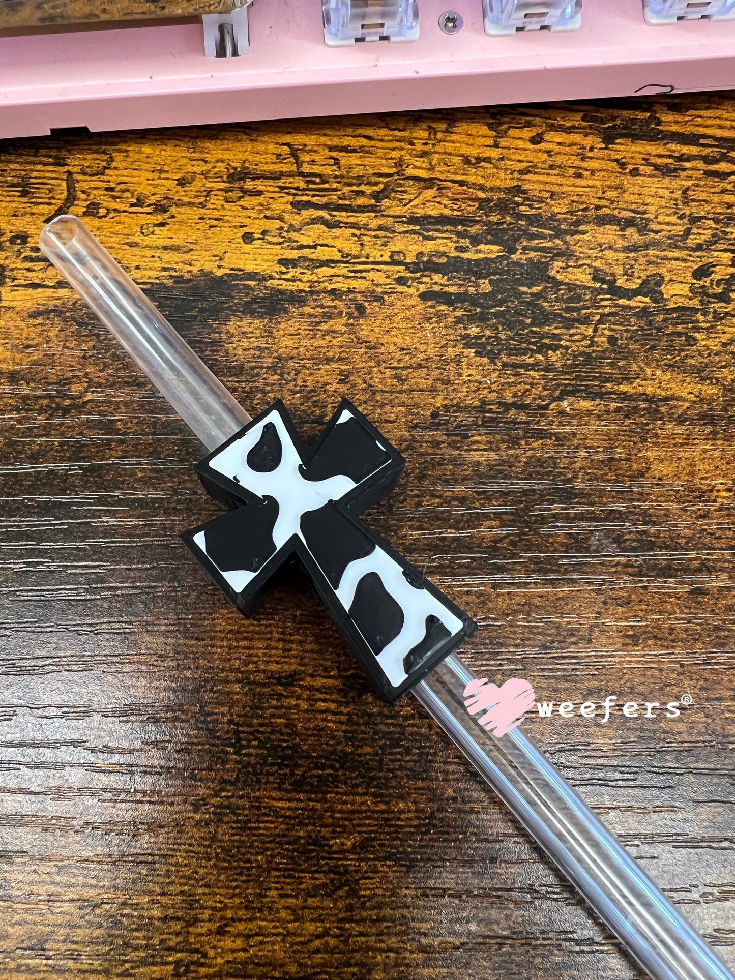 Black and White Cow Print Cross Straw Topper Buddy Weefers