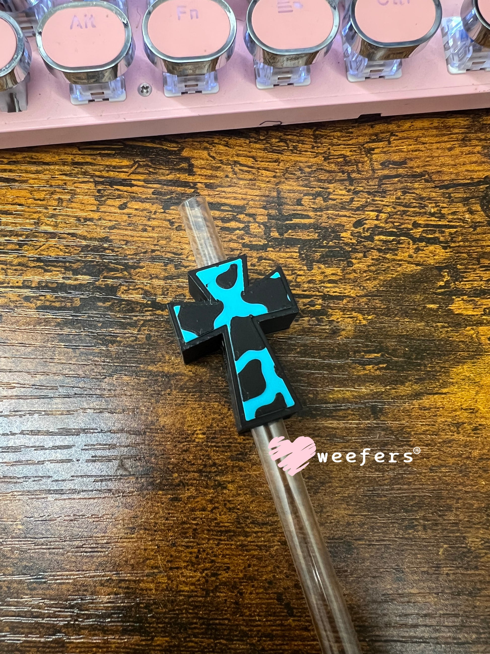 Teal and Black and White Cow Print Cross Straw Topper Buddy Weefers
