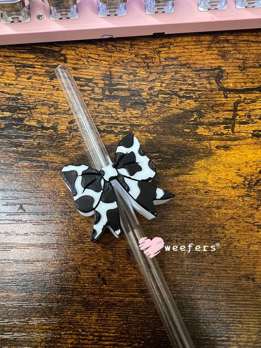 Black and White Cow Print Bow Straw Topper Buddy Weefers