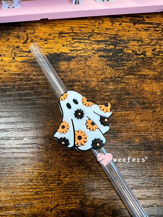 Orange and Black Flower Ghost Straw Topper Buddy Weefers