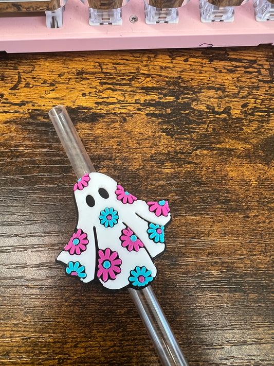 Magenta and Teal Flower Ghost Straw Topper Buddy Weefers