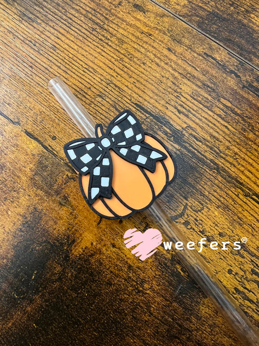 Orange Pumpkin Checkered Bow Straw Topper Buddy Weefers