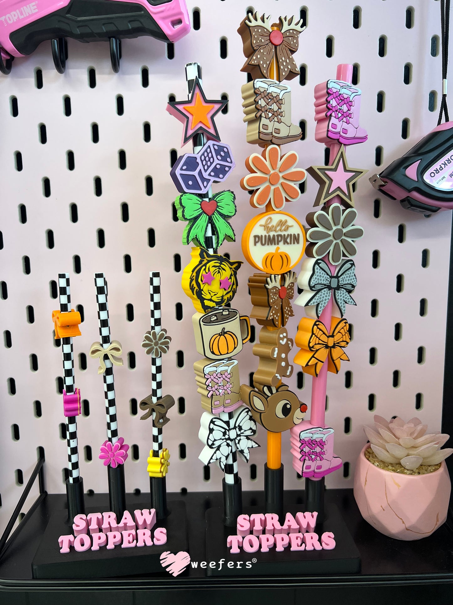 Pink and Black Straw Buddy Display Stand — 3-Hole Holder (8 mm or 10 mm) Weefers