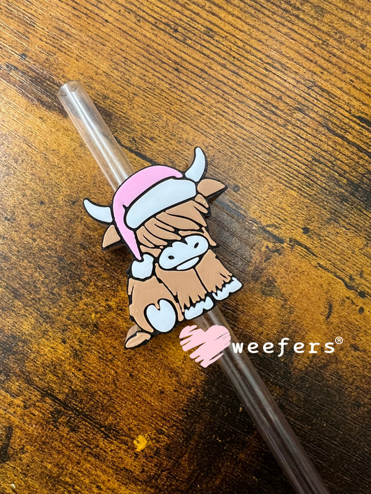 Pink Hat Christmas Highlander Cow Straw Topper Buddy Weefers