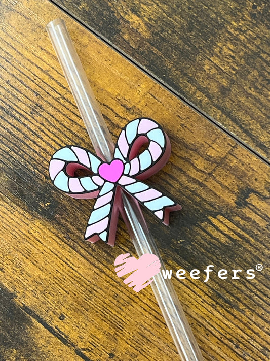 Pink and White Christmas Bow Straw Topper Buddy Weefers