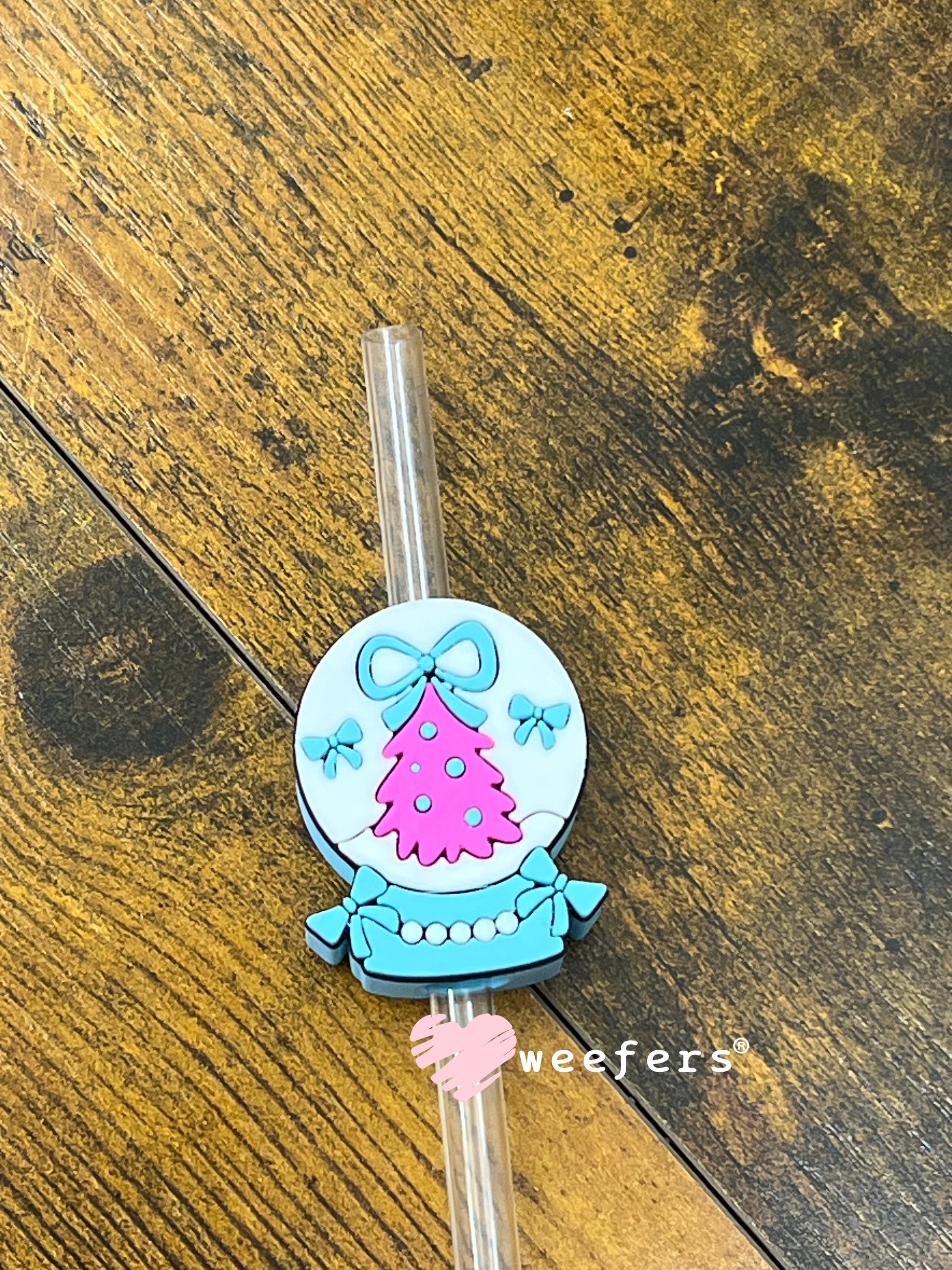 Coquette Christmas Snow Globe Blue and Magenta Straw Topper Buddy Weefers