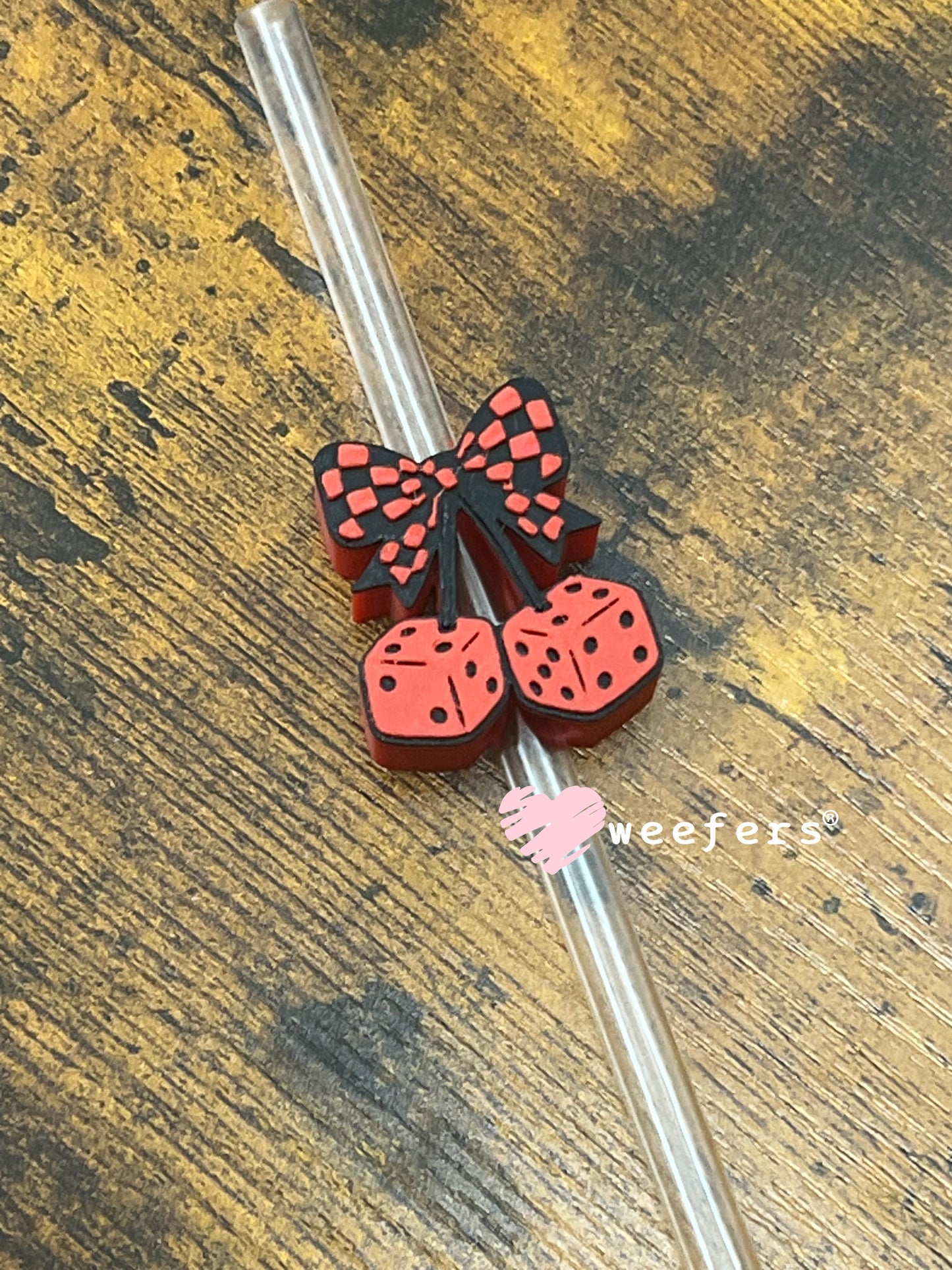 Red and Black Cherry Dice Straw Topper Buddy Weefers