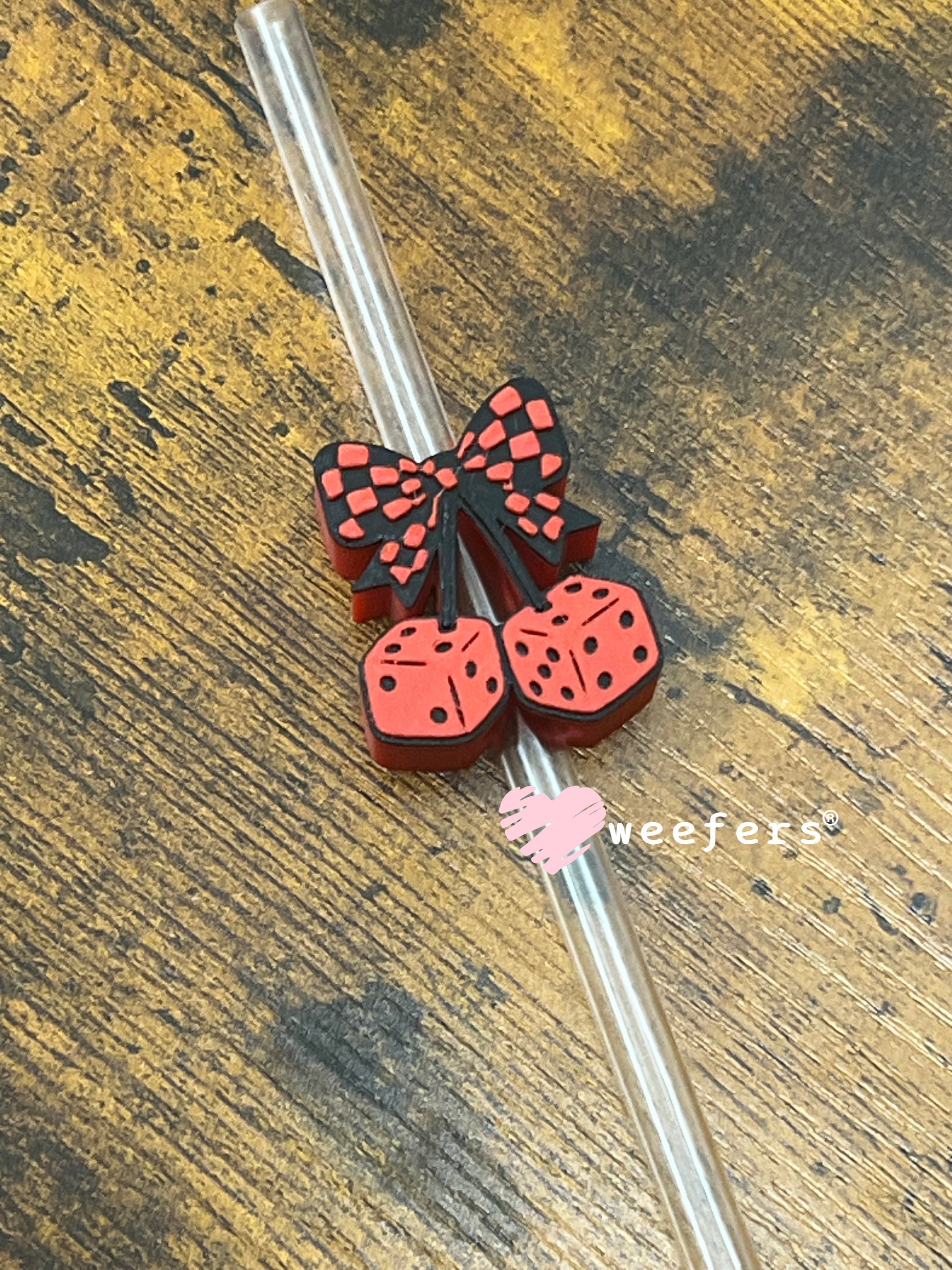 Red and Black Cherry Dice Straw Topper Buddy Weefers