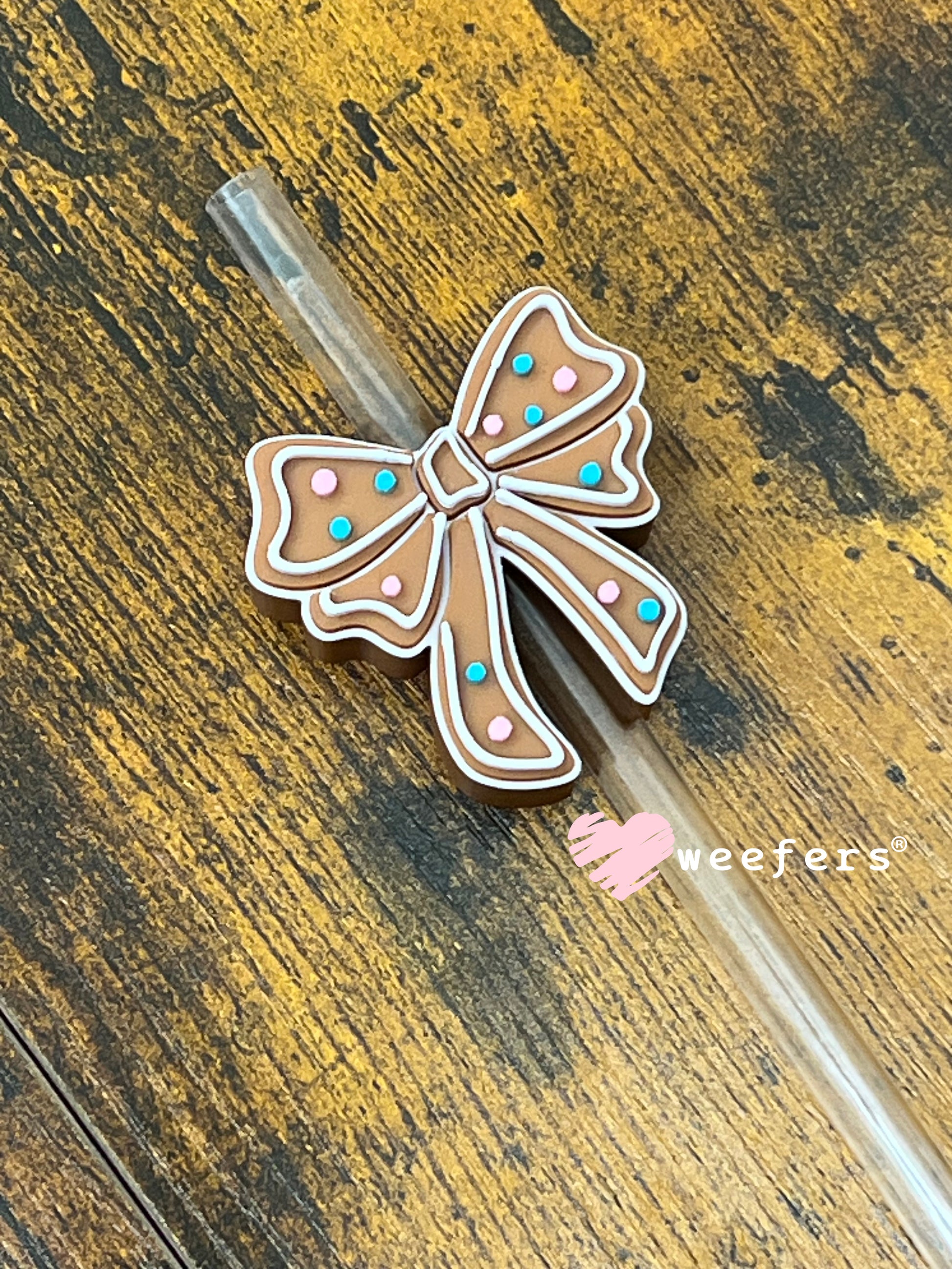 Pink and Blue Gingerbread Bow Straw Topper Buddy Weefers