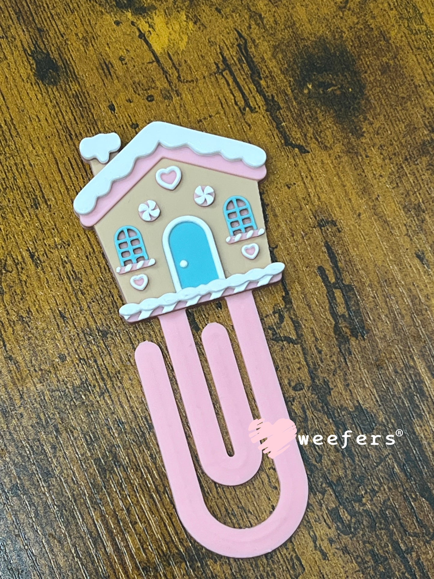 Bookmark - Pink and Blue Gingerbread House Paperclip Weefers