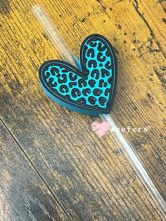 Teal Cheetah Print Heart Straw Topper Buddy Weefers