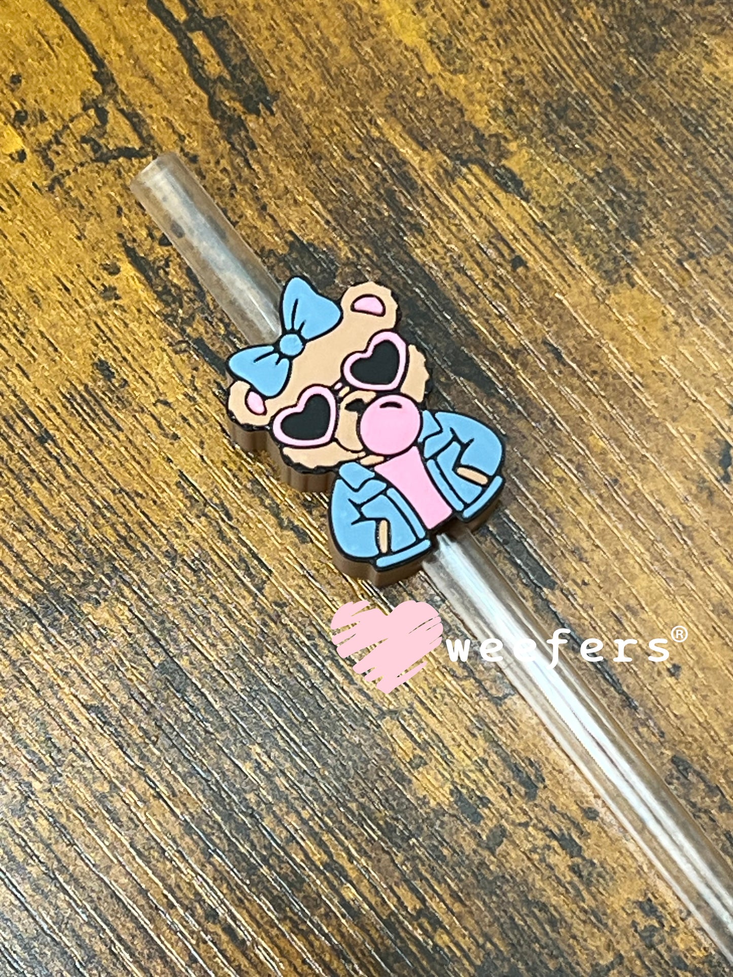 Straw Topper Buddy - Bear Pink Bubble Jean Jacket Weefers