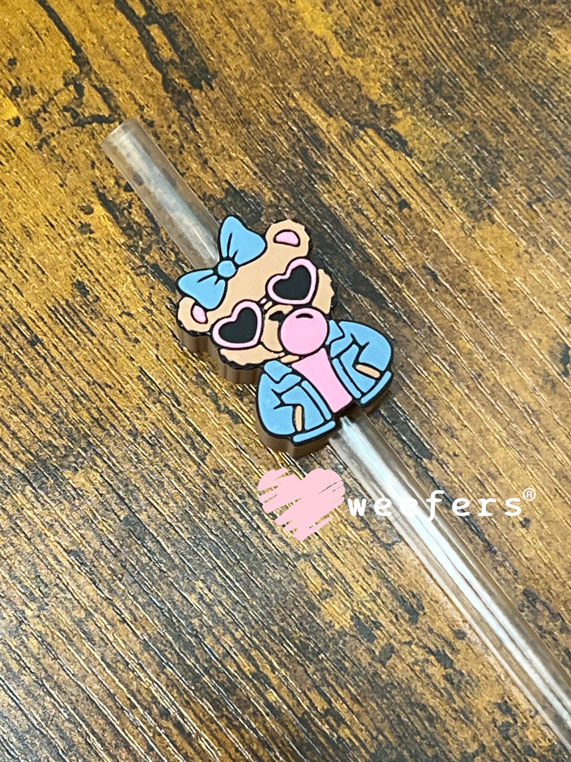 Straw Topper Buddy - Bear Pink Bubble Jean Jacket Weefers