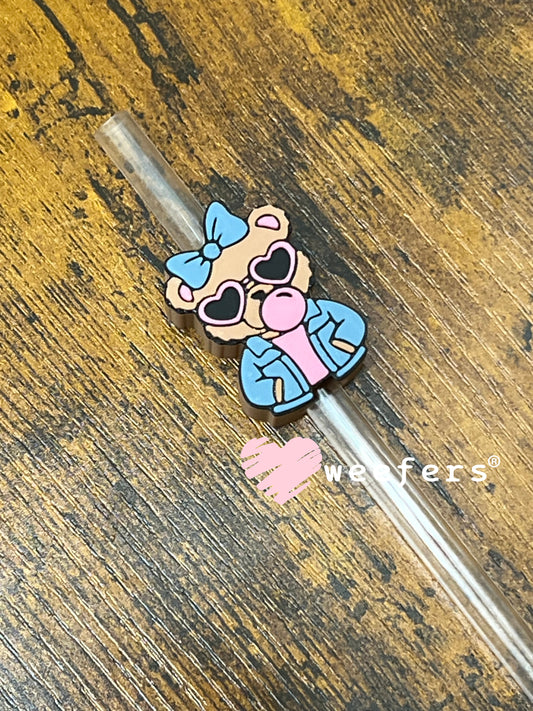 Straw Topper Buddy - Bear Pink Bubble Jean Jacket Weefers