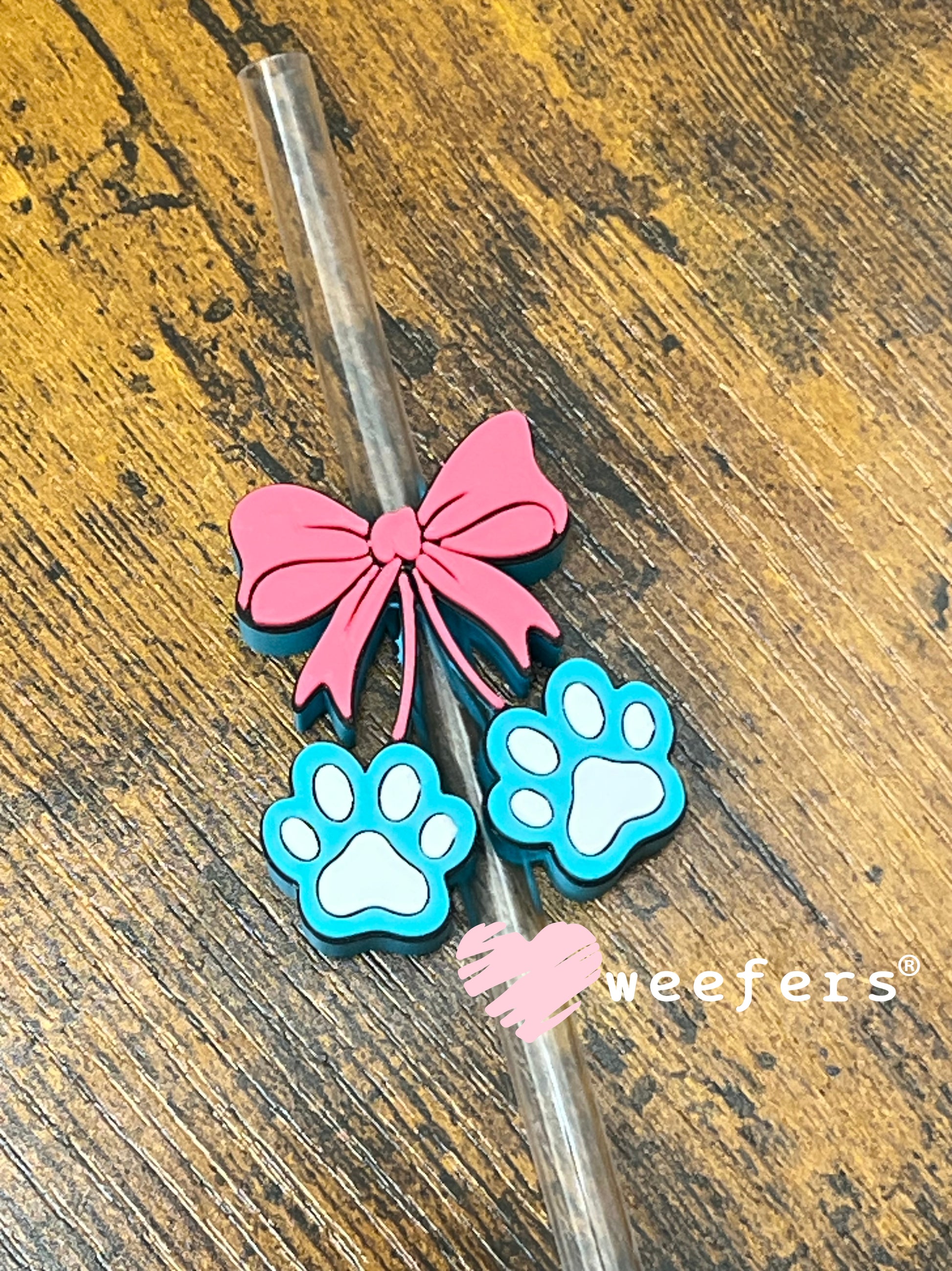 Straw Topper Buddy - Dog Paws Cherry Teal and Hot Pink Weefers