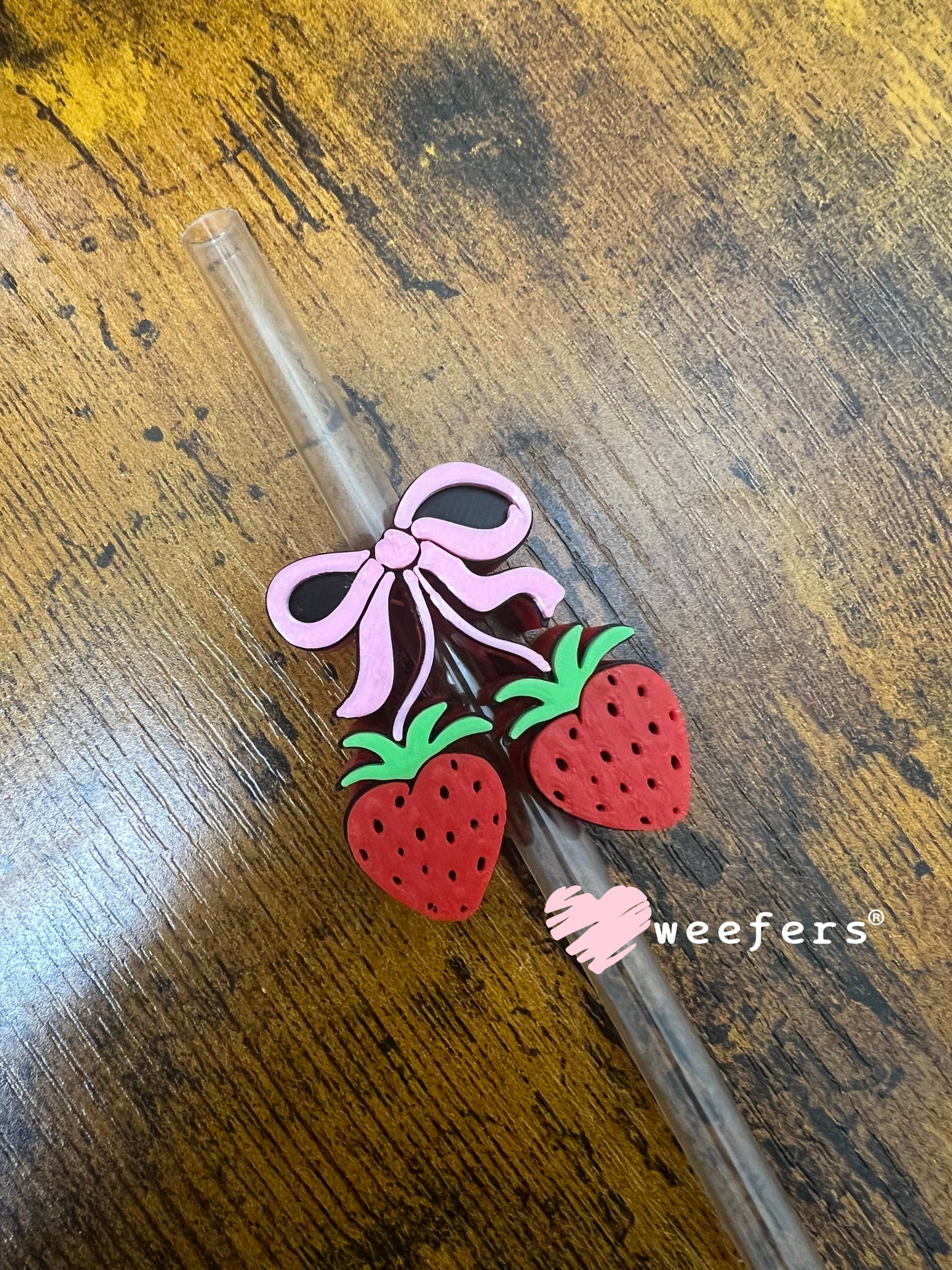 Straw Topper Buddy - Pink Bow Strawberry Cherries Weefers
