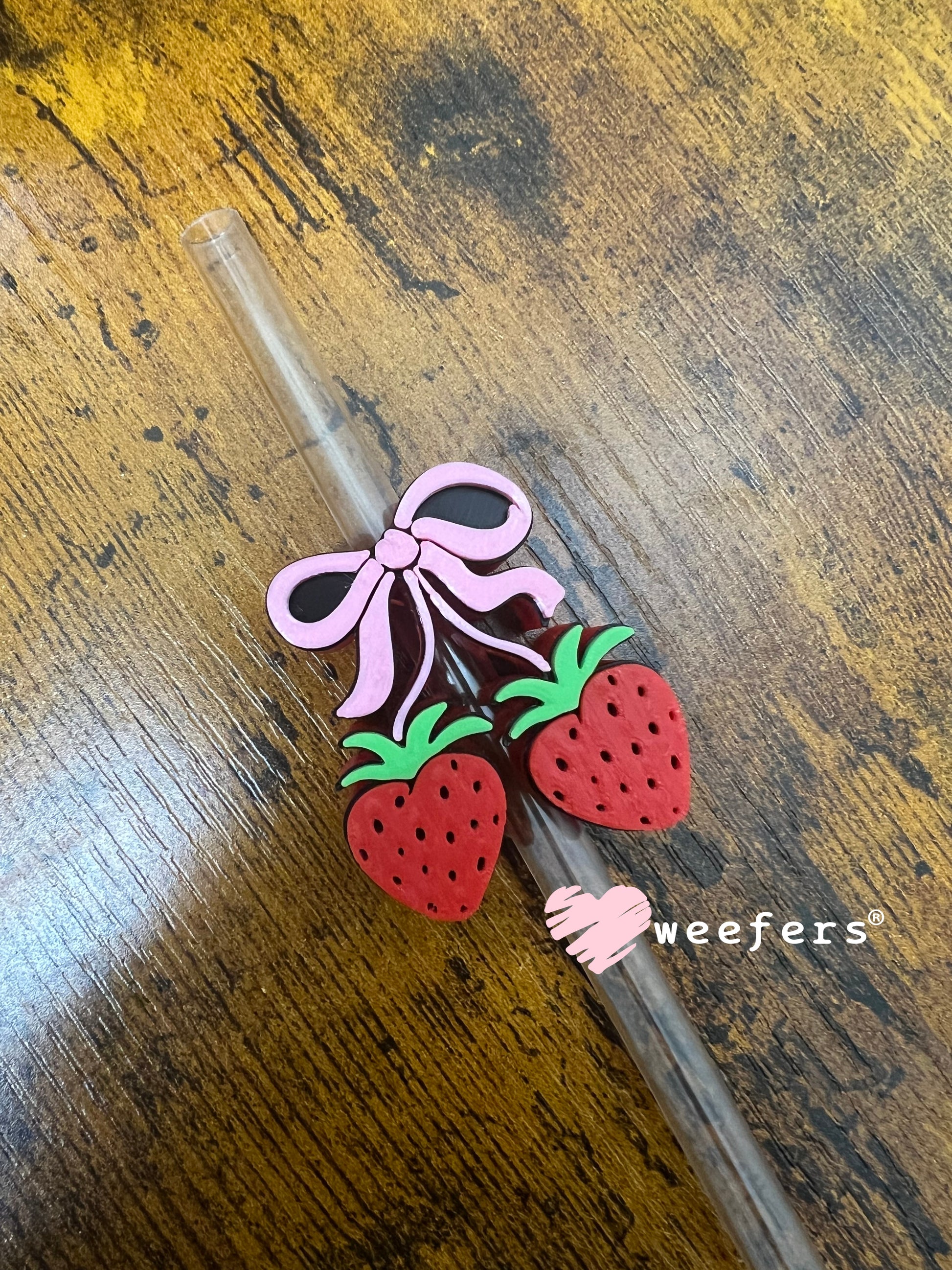 Straw Topper Buddy - Pink Bow Strawberry Cherries Weefers