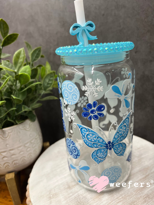 Ready to Ship Livestream Cup Collection Christmas Blue Butterflies - 16oz Glass- Comes as shown in picture Weefers