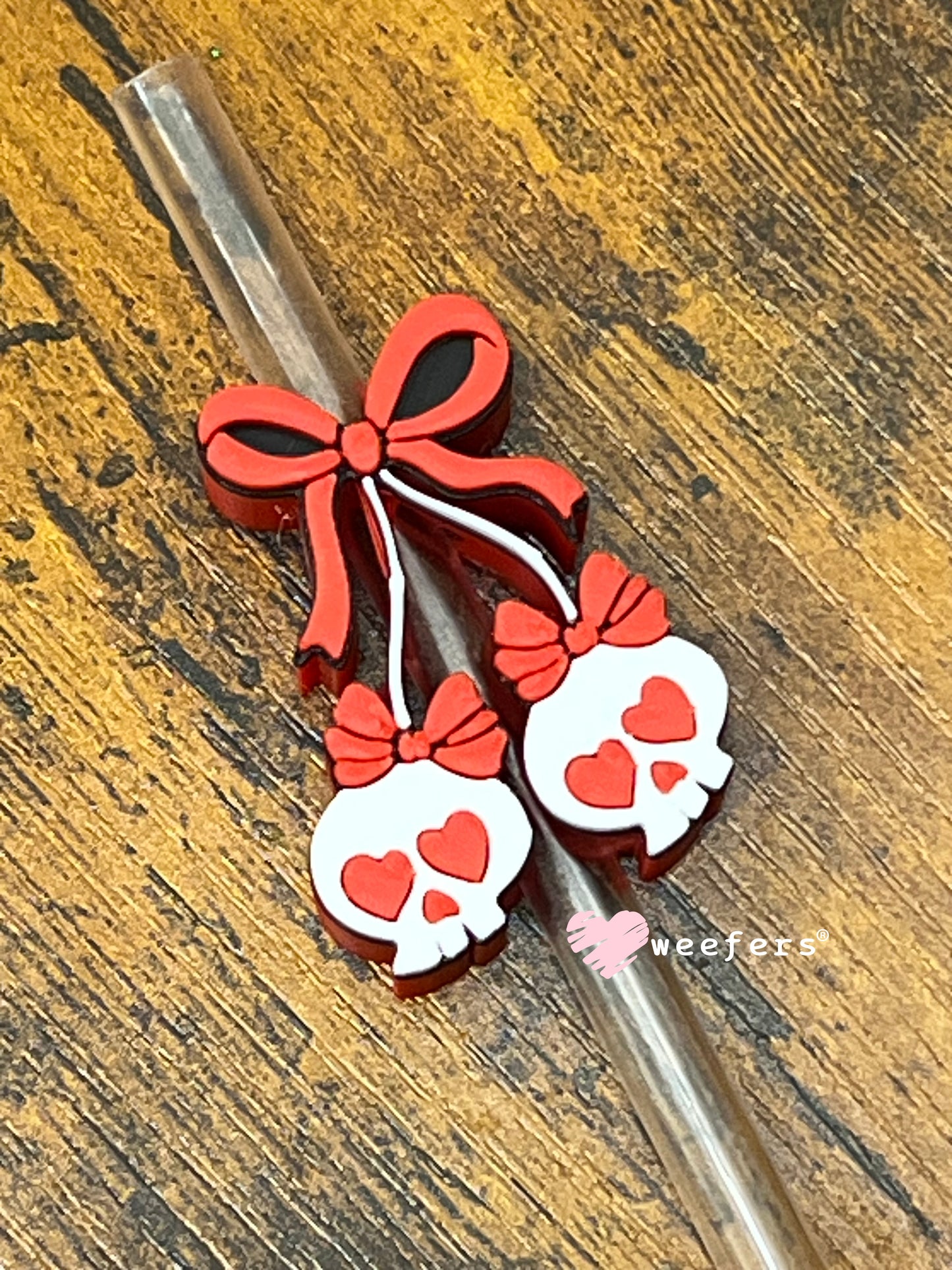 Straw Topper Buddy - Red and White Cherry Skulls Weefers